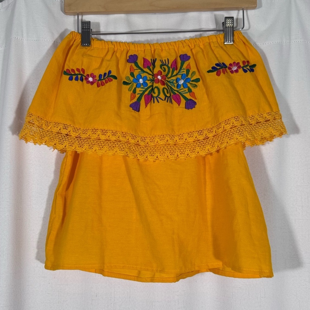 Vintage Golden Yellow Off-The-Shoulder Floral Embrodiered Blouse